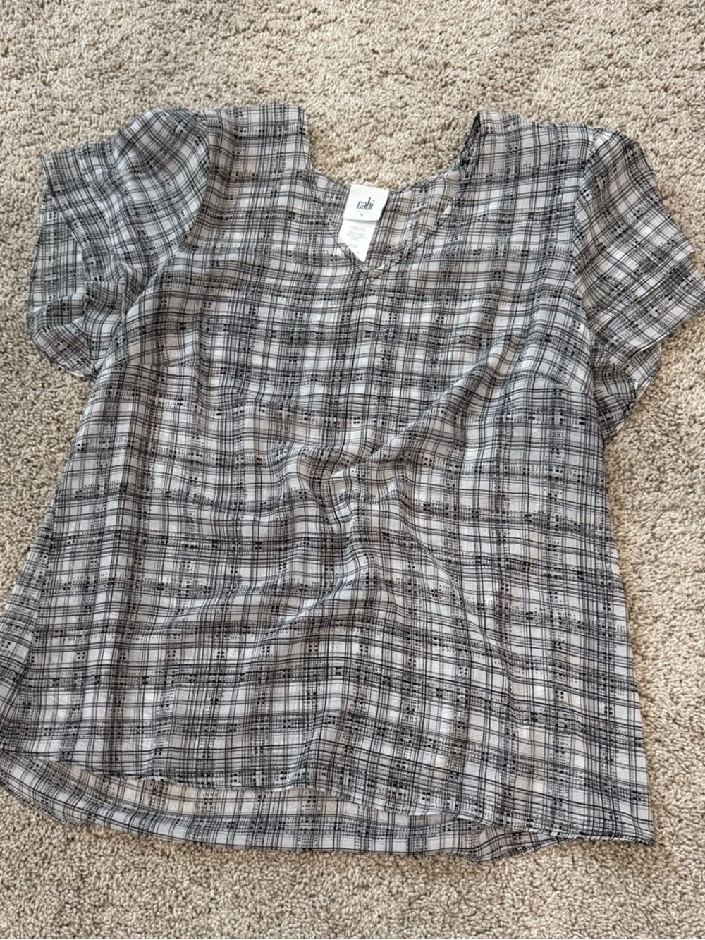 CAbi Black and White Plaid Short Sleeve Blouse